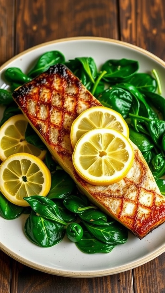 Plated pan-seared sea bass with garlic spinach and lemon wedges on a rustic table.